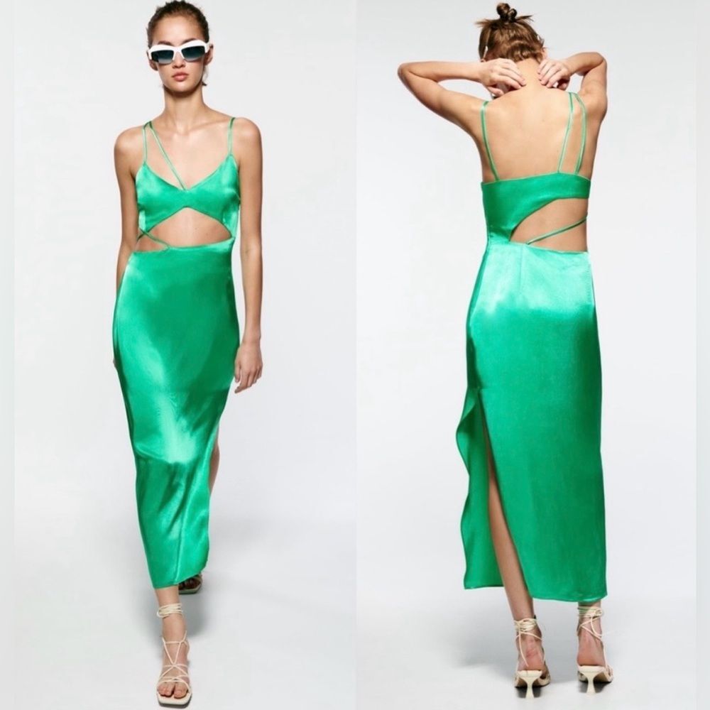 Zara Asymmetric Cut Out Satin Effect Midi Dress Kelly Green Size M